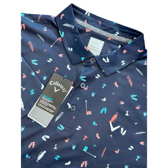 Callaway‎ Mens XL Golf Polo Shirt New Opti Dri Peacoat Navy Blue Martini Pattern - Picture 1 of 7